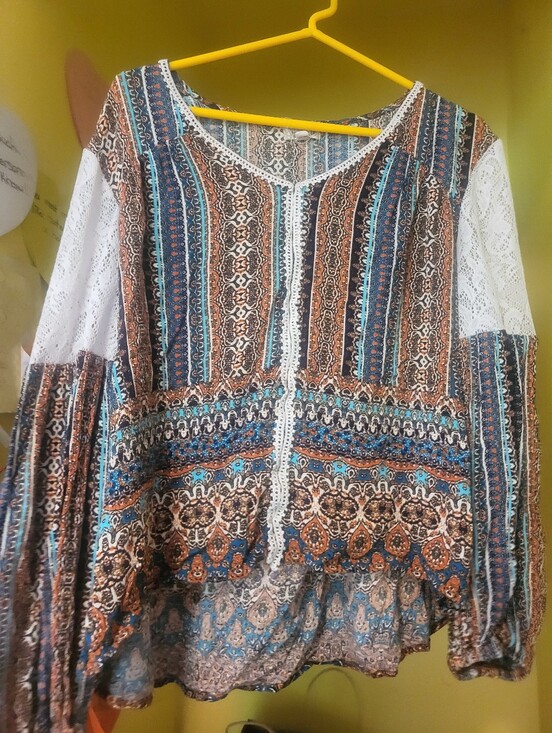 Tops - Bohemian Printed Long-Sleeve Blouse with Lace Trim - Blue & Brown